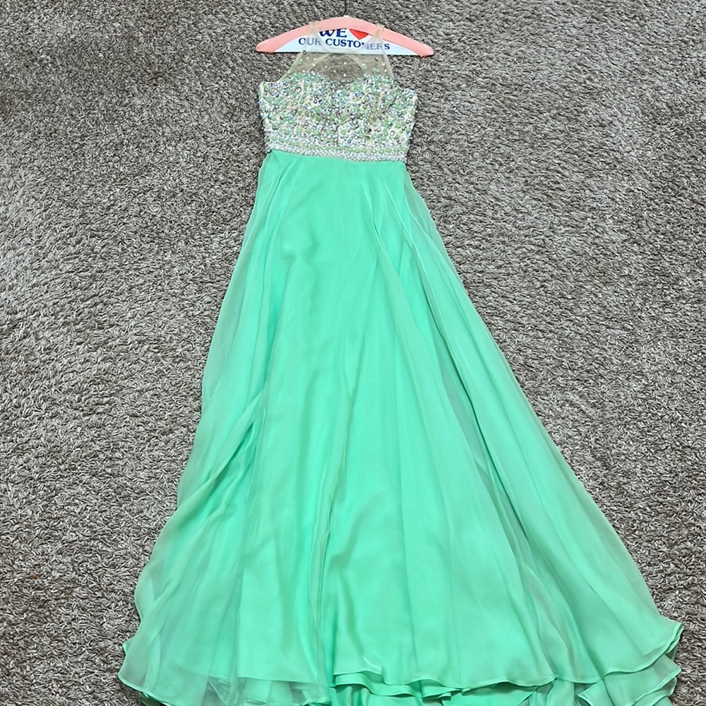 Long mint green prom dress